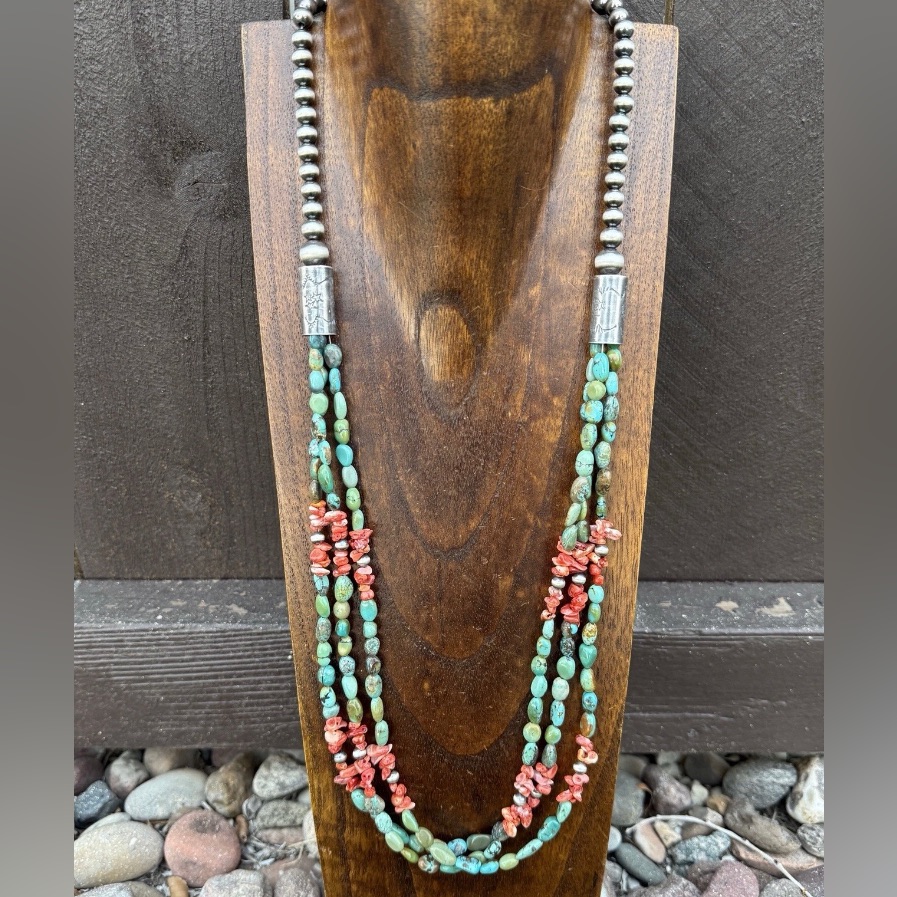 Sterling Silver Multi Strand Blue Green Turquoise Spiny Oyster Bead Necklace 30”